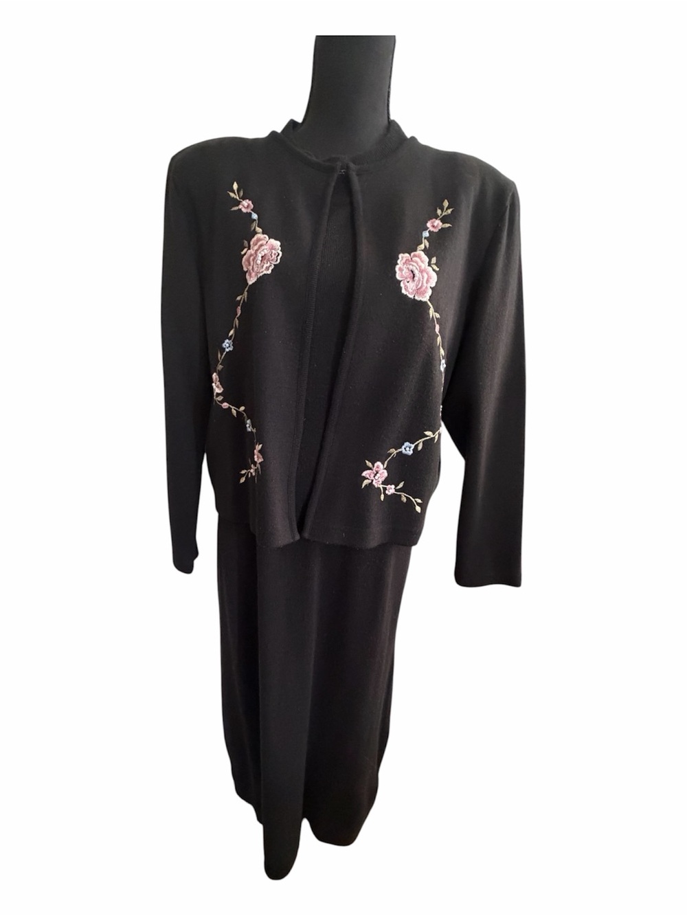Women's Black Dress with Pink Floral Embroidery Jacket